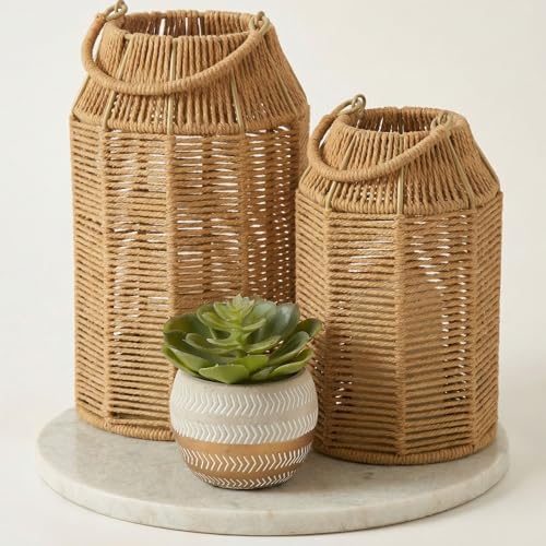 Natural Jute Boho Lanterns - Handcrafted Farmhouse Coffee Table Decor by KIBAGA