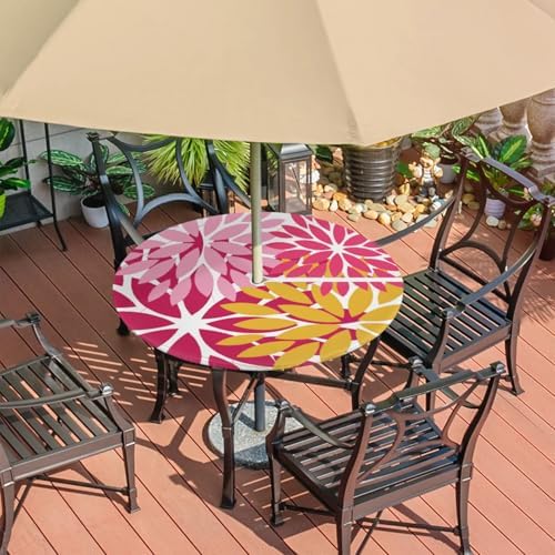 Round Tablecloth with Umbrella Hole and Zipper Elastic Fitted Table Cloth 36"-44" Oil-Proof Waterproof Patio Table Cover for Outdoor Picnic Party, Spring Summer Geometric Elegant Pink Yellow - Image 7
