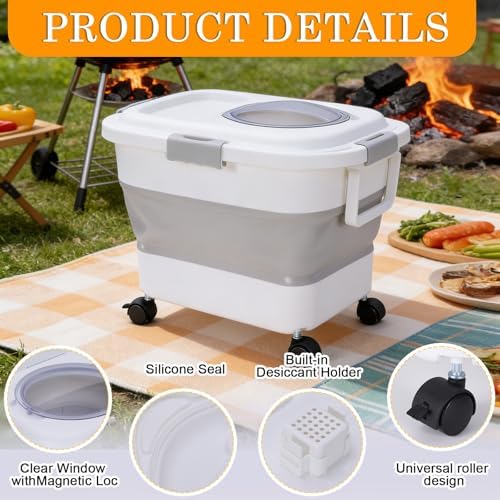 25-lb Wood Pellet Storage Container & Charcoal Storage Bucket with Wheels - Airtight, Collapsible Pellet Bucket with Viewing Window and Scoop for Grilling, Smoking, BBQ - Image 2