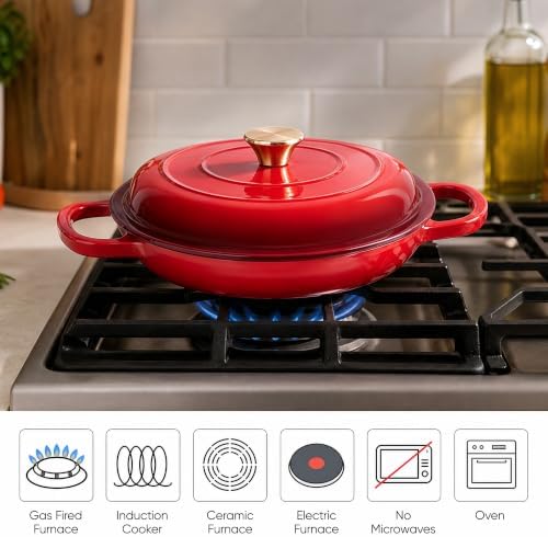 Dutch Oven Enameled Cast Iron with Lid - Big Dual Handles - Oven Safe up to 500°F - Classic Round Pot for Versatile Cooking 3 QT Shallow Pot Red - Image 3