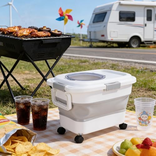 25-lb Wood Pellet Storage Container & Charcoal Storage Bucket with Wheels - Airtight, Collapsible Pellet Bucket with Viewing Window and Scoop for Grilling, Smoking, BBQ - Image 6