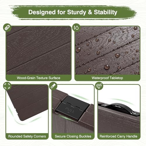 Picnic Table Set with 2 Benches,6 Feet Folding Camping Table Chair Set with Wood Grain Tabletop,3-Piece Outdoor Indoor Portable Folding Furniture for Party, Camping, Picnic, Weddings (Brown) - Image 5