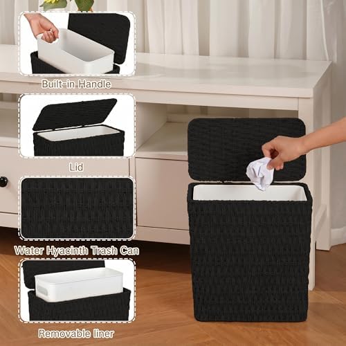 iEGrow Paper Rope Trash Can,Bathroom Trash Can with Lid, 3 Gallon Wicker Waste Basket with Removable Liner, for Bedroom, Living Room, Toilet, Under Sink Black - Image 3