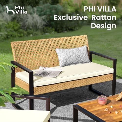 PHI VILLA 4 Piece Yellow Wicker Patio Furniture Set with Beige Cushion - Image 4