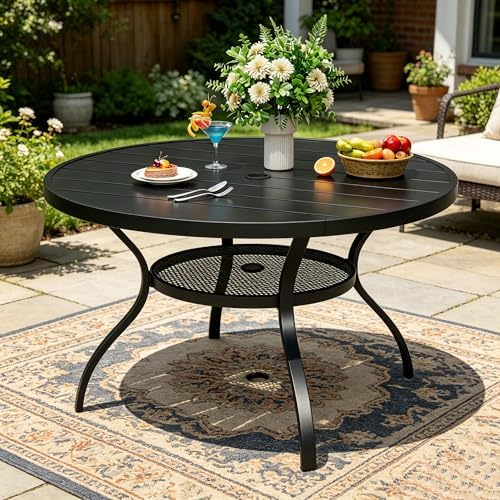 SUNCROWN 42 Inch Round Outdoor Patio Dining Table, All Weather Black Metal Steel Slat Table with 1.5" Umbrella Hole, Weather Resistant Outside Furniture for Lawn Garden Backyard Porch - Image 3