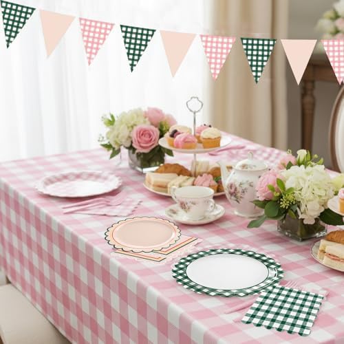 102 PCS Camp Bachelorette Decorations - Scalloped Gingham Plates, Napkins, Banner, Gingham Tablecloths for Baby Shower, Wedding, Birthday, Serves 25 - Image 7