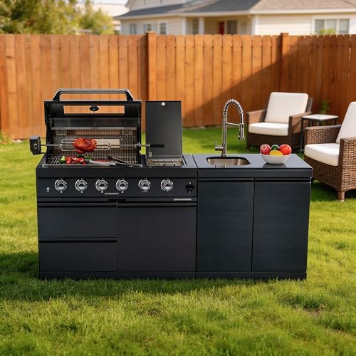 79-Inch 4-Burner 72000 BTU Propane Outdoor Kitchen Island Grill with Round Side Burner, Rotisserie Kit, Granite Countertops & Sink, for Patio, Lawn, Backyard, Black by Dvasovio
