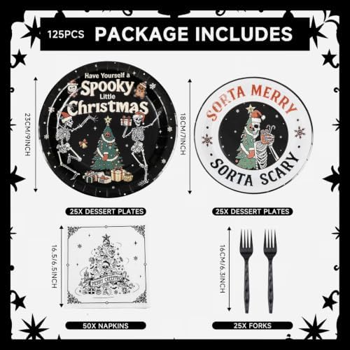 125 Pcs Gothic Halloween Christmas Tableware Set | Skull Christmas Disposable Paper Plates Napkins Forks, Goth Dinnerware set for Xmas Birthday Halloween Party Supplies - Image 2