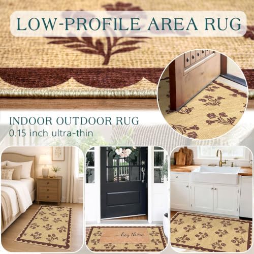 Floral Entry Rug - 28" x 43" Front Door Mat Indoor Outside Entrance Non-Slip Washable Outdoor Mat Jute-Look Burgundy Scalloped Rug for Entryway Kitchen Mudroom Layered Doormat for Front Porch - Image 5