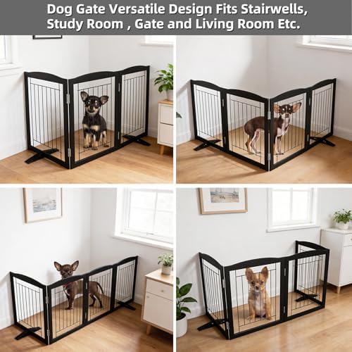 ZJSF Freestanding Dog Fence Indoor, Foldable Dog Gate for Doorways, Stairs or Hallways, Sturdy Wood Extra Wide Pet Gate with Support Feet for The House, Black, 24 "Height-3 Panels - Image 4