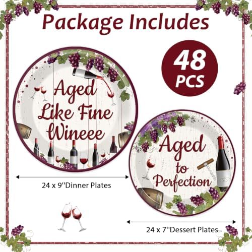 48 Pcs Red Wine Party Plates Supplies Aged Like Fine Wine Party Decorations Paper Plates Aged To Perfection Tableware Set for Women Girls Bridal Shower Anniversary Bachelorette Table Decor for Guests - Image 2
