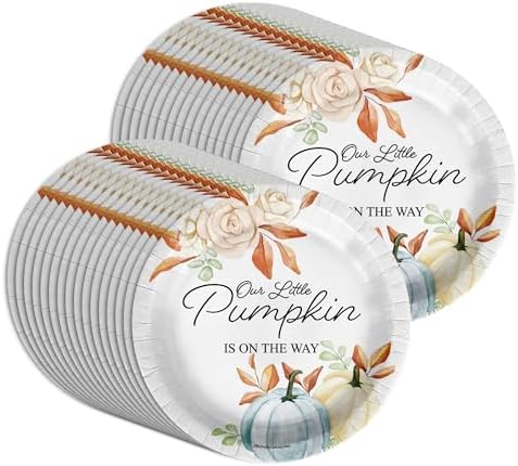 Birthday Galore Little Pumpkin On The Way Boy Baby Shower - 32 Piece Disposable Party Supplies - Fall Baby Shower Decorations - Round Party Plates - Large 9" Paper Plates In Bulk - Image 2