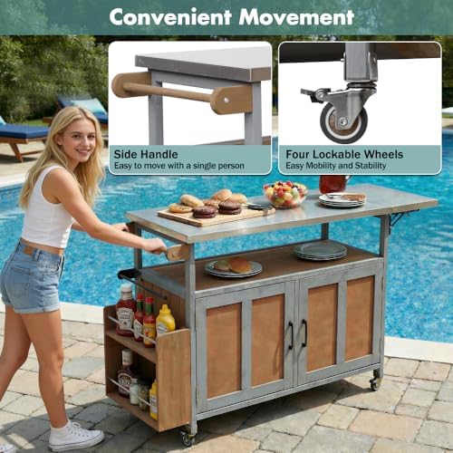 60.6" Foldable Outdoor Kitchen Island with Storage&Locking Wheels - Image 6