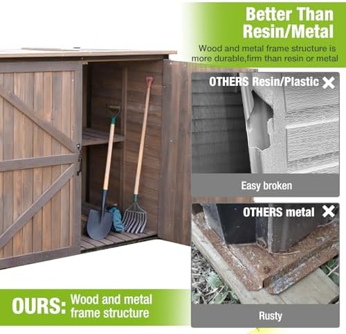 GUTINNEEN Weatherproof Outdoor Trash Can Shed, Outdoor Storage Shed with Strong Metal Frame, Wooden Garden Sheds with Adjustable Shelves and Removable Floor - Image 6