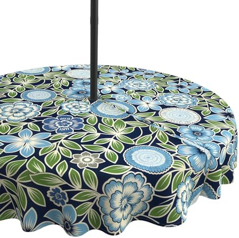 LVTXIII Round Outdoor Tablecloth with Umbrella Hole and Zipper, Water-Repellent 60 Inch Patio Table Cover for Bistro, Garden, Patio & Picnic, Botanical Blues by LVTXIII