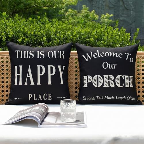 Black and White Welcome to Our Porch Outdoor Pillow Covers Waterproof 18x18 Set of 2, Decorative Farmhouse Outdoor Throw Pillows 18 x 18, Back Porch Decor Patio Furniture Pillows (Without Inserts) by JOJOGOGO