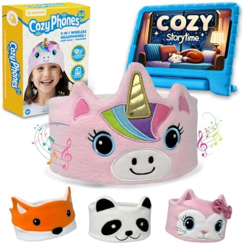 Toddler Headphones Wireless, Kids Bluetooth Earphones, Safe Volume - Wired School Headphones for Kids with 3.5 MM Jack and Travel Bag - Toddler Airplane Accessories for Boys & Girls - Pink Unicorn by CozyPhones