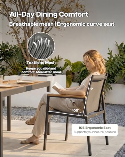 Outdoor Dining Chairs Set of 2, Aluminum Patio Armchairs, All Weather Patio Dining Furniture for Backyard, Deck, Poolside (Gray-Teak) - Image 4