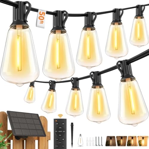 Hotsonic Solar Outdoor String Lights Waterproof, 50FT Remote Control LED Outside Lights with Shatterproof Bulbs, Dimmable Hanging Lights for Patio Porch Garden pergola Yard House Bistro Party decors ﻿ by Hotsonic