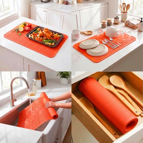 MicoYang Silicone Dish Drying Mat for Multiple Usage,Easy clean,Eco-friendly,Heat-resistant Silicone Mat for Kitchen Counter or Sink,Refrigerator or Drawer Liner Orange 4XL 32 inches x 18 inches - Image 4