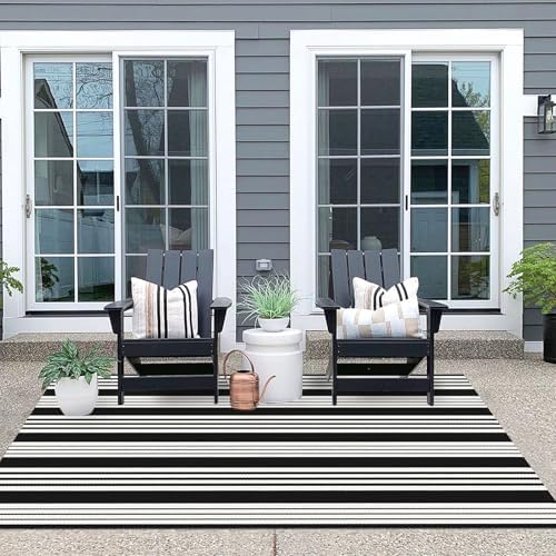 IOHOUZE 4x6 Striped Outdoor Rug, Washable Front Porch, Black White - Image 4