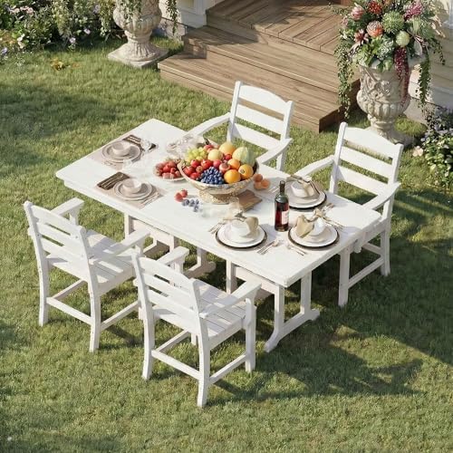 HOPUBUY 5 Pieces Patio Dining Set for 4, 71" HDPE All-Weather Patio Table and Chairs Set with Umbrella Hole, Durable Outdoor Furniture Set for Garden, Backyard, Lawn & Poolside (White) by HOPUBUY