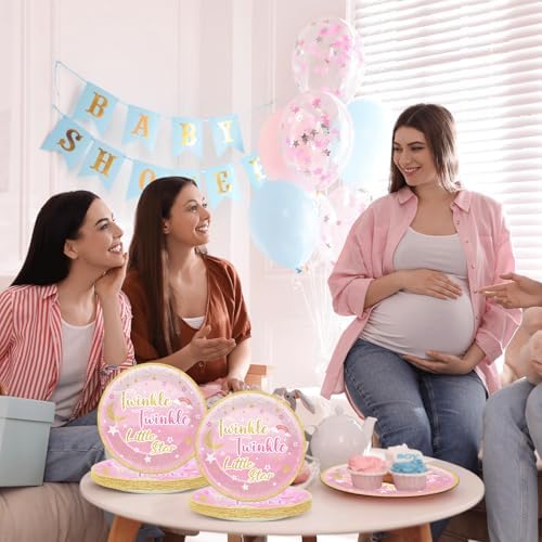 Wiooffen 48 Pcs Twinkle Twinkle Little Star Party Supplies 9" Paper Plates Set Gender Reveal Theme Tableware Pack Pink Baby Shower Party Dessert Plates Little Star Birthday Holidays Decorations - Image 5
