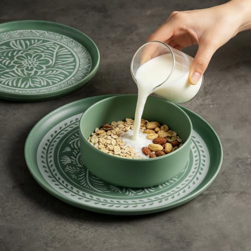 MissYip Melamine Dinnerware Set, 12 Piece for 4, Thicker Sturdy Indoor and Outdoor Use Tableware, Durable Plastic Plates and Bowls set, BPA Free, Dishwasher Top Safe, Not Microwave, Not Oven(Green) - Image 5
