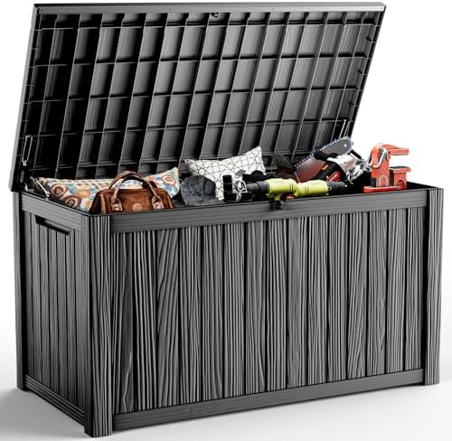 PatioZen 200 Gallon Outdoor Deck Box,Waterproof Resin Outdoor Storage Boxes, Outside Storage Lockable Container for Garden Tools,Indooor Cushions,Accessories (Black) by OutdoorLivingPerfected