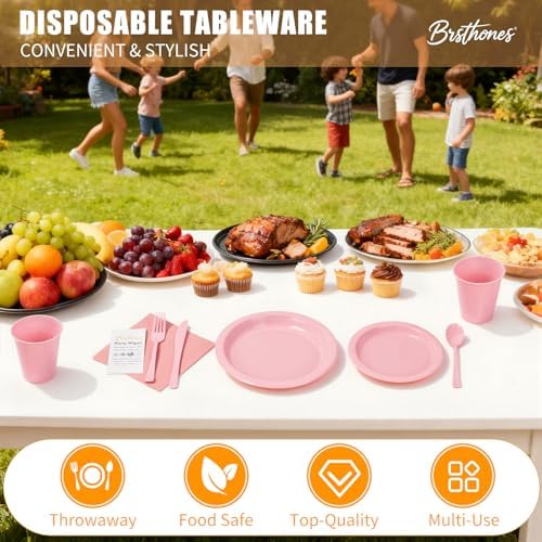 400 Pieces Pink Plastic Plates Set with 50 Party Wipes, Solid Pink Plastic Dinnerware - 50 Each 9" Dinner Plate Set, 7" Dessert Plate, Cups, Napkins & Cutlery for Any Celebration - Image 5