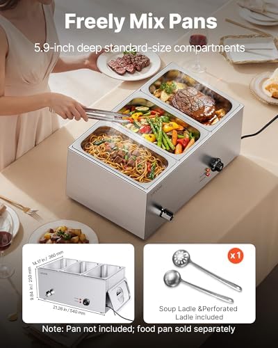 VEVOR 3-Pan Commercial Food Warmer, 24QT Electric Steam Table, 1200W Professional Countertop Stainless Steel Buffet Bain Marie with 86-185°F Temp Control for Catering and Restaurants, Silver - Image 3