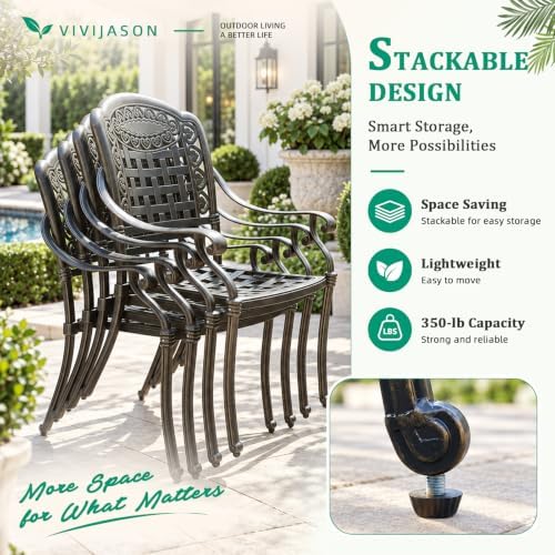 VIVIJASON 5-Piece Patio Furniture Dining Set, All-Weather Cast Aluminum Outdoor Conversation Set, Include 4 Cushioned Chairs and 1 Round Table w/Umbrella Hole for Balcony, Lawn, Backyard, Red Cushion - Image 6