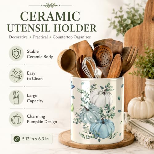 Fall Blue Kitchen Utensil Holder, Pumpkin Large Ceramic Utensil Holder For Kitchen Organizer, Autumn Farm 6.3'' Cooking Utensil Crocks Rustic Decor Utensil Storage Cup for Countertop - Image 6