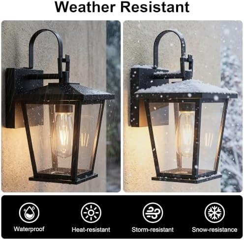 Kalium Outdoor Wall Lantern 2 Pack, Waterproof Exterior Wall Mount Light with Clear Glass in Black Finish, Porch Outside Lighting for Entryway, Backyard, Patio, E26 Base, Clear Glass 12.5 in - Image 5