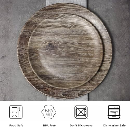 TP 18-Piece Dinnerware Set, Melamine Dishes Set with Bowls and Plates, Service for 6, Non-breakable Lightweight Dining Tableware, Grayish-brown Wood Grain - Image 2