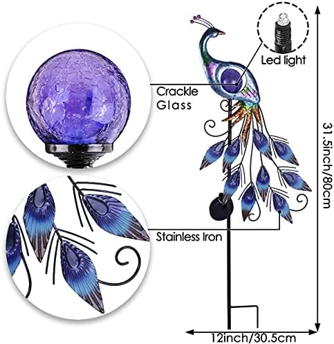 TERESA'S COLLECTIONS Yard Decorations Outdoor for Garden Decor, Peacock Solar Outdoor Lights, 35.4'' Metal Lawn Ornaments for Outside with Crackle Glass Ball, Decorative Stake Gifts for Mom - Image 4