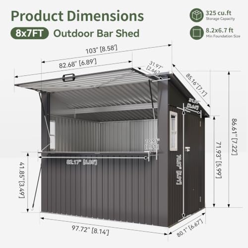 Aoxun 8x7 FT Outdoor Bar Shed with Canopy Dark Gray - Image 2