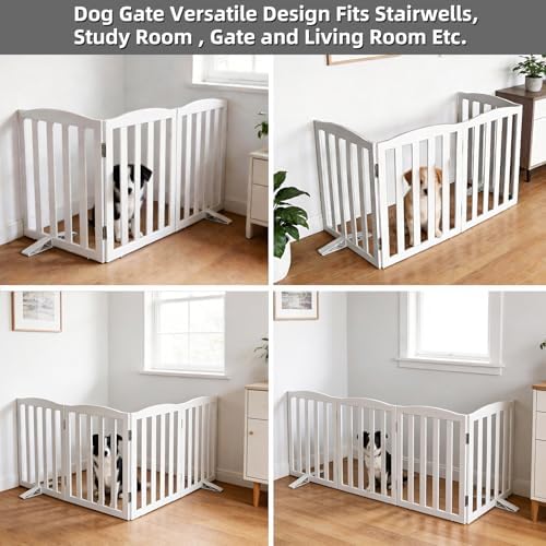 Freestanding Dog Gate Indoor,Doggie Gate Foldable Dog Gates for Doorways,Stairs or Hallways, Wooden White Pet Gate for The House, Pet Fence with Support Feet Included,32 "Height-3 Panels - Image 4