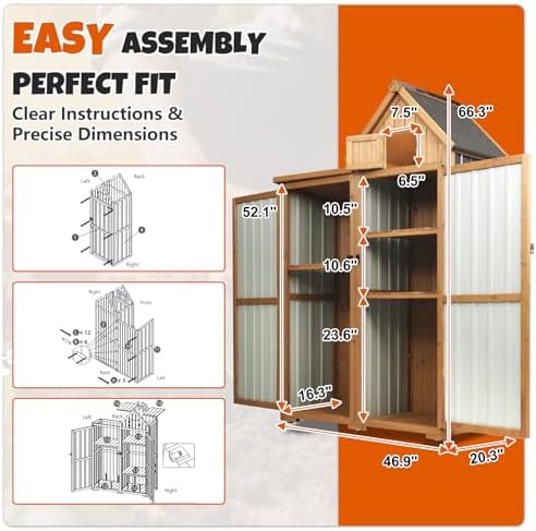 All-in-One Metal & Wood Outdoor Storage Cabinet with Top Compartment, Waterproof Asphalt Roof, Removable Shelves, Heavy-Duty Patio Garage Organizer - Image 5