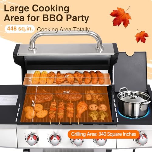 4-in-1 Propane & Charcoal Grill Combo, 4-Burner Gas Griddle with Side Burner, Cast Iron Grates, Outdoor BBQ for Patio & Backyard - Image 3