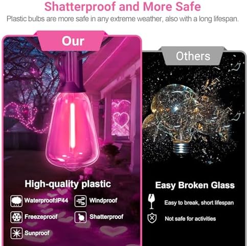 LAMPHOME 4-Pack 26Ft ST38 Outdoor String Lights, Pink LED Shatterproof Patio Lights with 12+1 Edison Bulbs for Valentine's Day, Christmas, Bistro, Wedding & Party Decor - Image 7