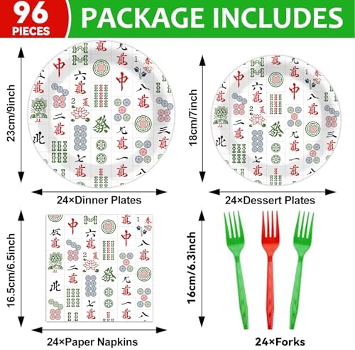 96PCS Mahjong Party Paper Plates and Napkins Mahjong Party Decorations Mah Jong Disposable Tableware Dinnerware Set for Mah-jong Birthday Gatherings Decorations - Image 2