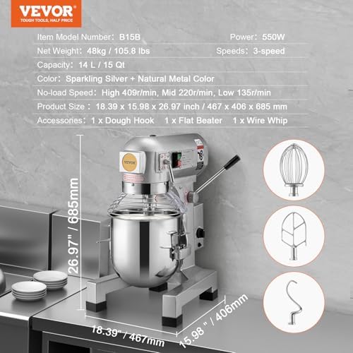 VEVOR Commercial Food Mixer 15Qt, Commercial Mixer with 3 Adjustable Speeds, 550W Dough Mixer,Commercial Stand Mixer with Stainless Steel Bowl - Image 7