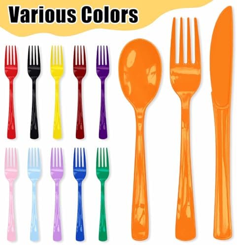 HEIPINIUYE 75 Pack Orange Plastic Cutlery Heavy Duty Fall Plastic Knives Forks and Spoons Disposable Silverware Set for 25 Guest Birthday Baby Shower Thanksgiving Party Cutlery Set - Image 4