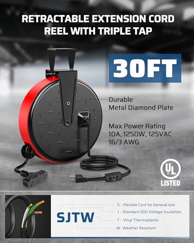 DEWENWILS Retractable Extension Cord Reel, Metal Reel with 30FT Power Cord - Image 3