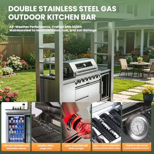 94" Stainless Steel Outdoor Kitchen Island with 6-Burner 85000 BTU,Heavy-Duty Propane Grill with Rotisserie Oven,Galvanized Steel Roof,Granite Countertops,Refrigerator,Sink.(Propane Gas) - Image 4