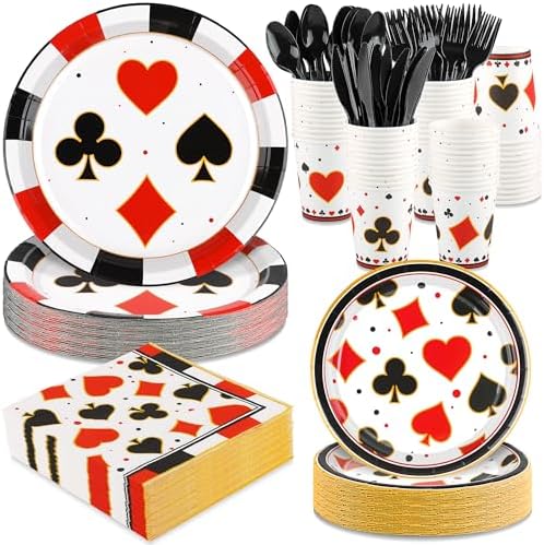 durony 350 Pieces Casino Print Party Tableware Set Including Casino Party Plates Cups Napkins Knives Forks Spoons Serves 50 for Poker Club Casino Theme Party Decorations by durony