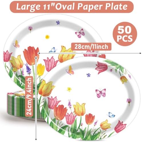 Qyeahkj 50 Pcs Spring Tulip Oval Paper Plates Large 11” Disposable Tulip Flower Party Decorations Floral Supplies Favor for Easter Picnic Spring Summer Birthday Butterflies Party Tableware Set - Image 2