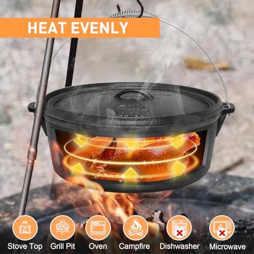 Camping Dutch Oven,12 Qt Pre-Seasoned Cast Iron Camp Dutch Oven Pot with Lid - Lid Lifter, Cast Iron Dutch Oven with Metal Handle for Cooking BBQ Baking Campfire Modern Black - Image 4