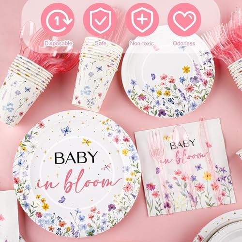 Kochorie 175 Pieces Wildflower Spring Floral Party Supplies Baby in Bloom Tableware Set 7 Inch & 9 Inch Paper Plates Napkins Cups Cutlery for Spring Picnic Baby Shower Decoration, Serve 25 Guests - Image 4